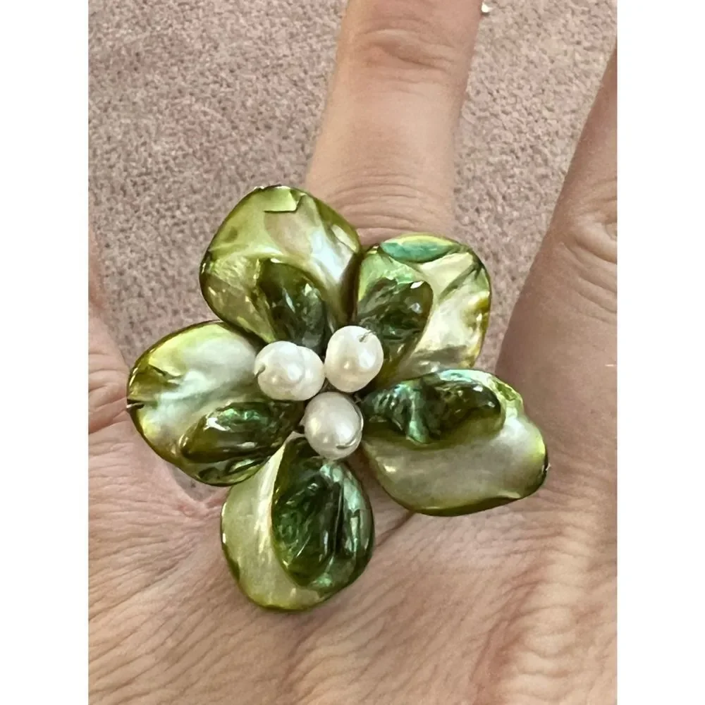 Elegant Freshwater Pearl & Shell Adjustable Statement Rings Set